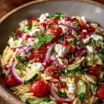 Mediterranean Veggie Orzo Salad with Feta & Pomegranate Seeds