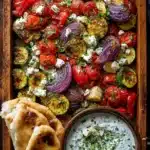 Roasted Veggie & Feta Sheet-Pan with Lemon Yogurt Sauce