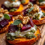 Sweet Potato Rounds with Burrata, Roasted Beets, and Walnut Sage Pesto